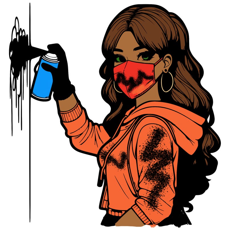 realistic girl with mask spray painting a wall