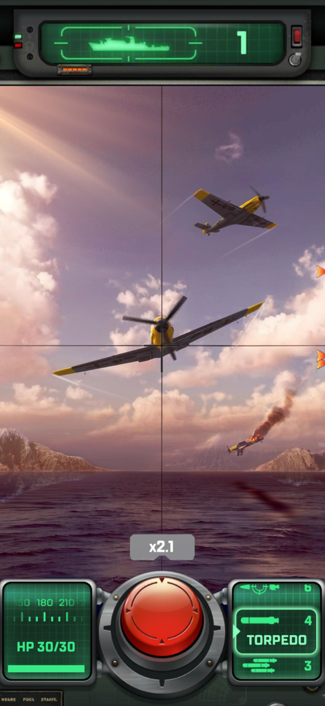 Sea War: Raid - First person periscope view targeting enemy fighter planes in Sea War Raid