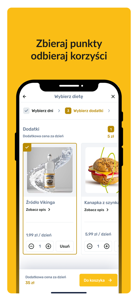 Interfaccia dell'app mobile Kuchnia Vikinga che mostra la selezione di extra dietetici, inclusi acqua e panini, con dettagli sul programma fedeltà.