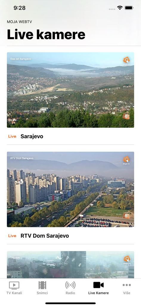 Live camera feeds of Sarajevo on the Moja webTV mobile app interface