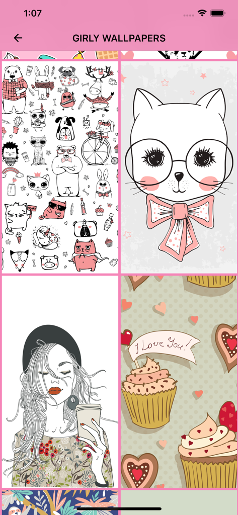 Collection de fonds d'écran girly avec de jolies illustrations d'un chat, d'une fille avec un café et de gribouillis colorés