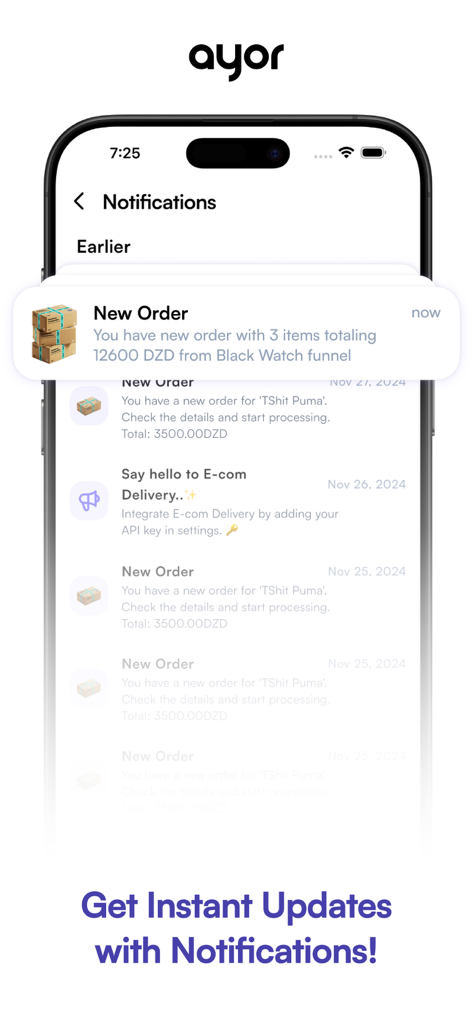 Captura de pantalla de la aplicación Ayor que muestra notificaciones push en tiempo real de nuevos pedidos comerciales en un dispositivo móvil.