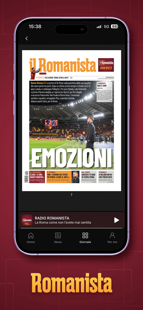 App Romanista - Interface digital do App Romanista exibindo o jornal esportivo Il Romanista e o reprodutor de rádio