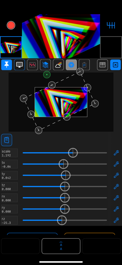 100VJ - Interface of the 100VJ app showing live visual transformation sliders and perspective mapping controls
