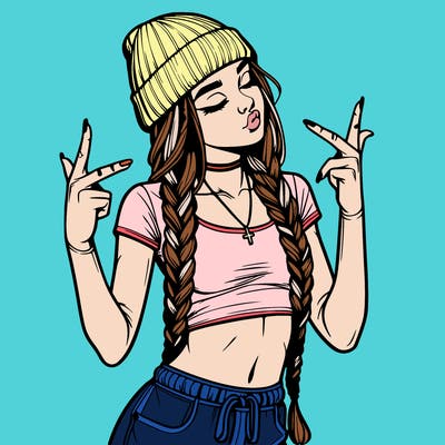 realistic teenage girl with braids and a beanie and crop top doing 🫶🏼
