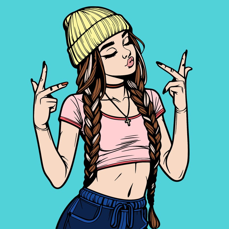 realistic teenage girl with braids and a beanie and crop top doing 🫶🏼