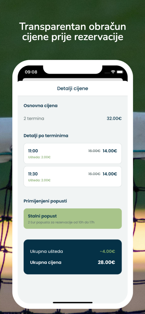 Tereni Online - Transparent price calculation and applied discounts screen in the Tereni Online mobile app