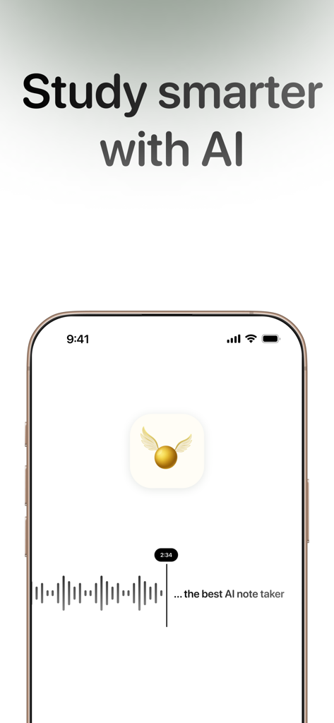 Snitchnotes: AI Study Notes - iPhone screen showing the Snitchnotes app recording interface with the text study smarter with AI