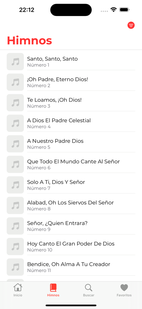 Himnario Bautista X - A numbered list of traditional Spanish hymns in the Himnario Bautista X mobile application