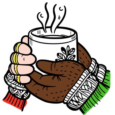 close-up of a girl's mittened hands holding a steaming mug