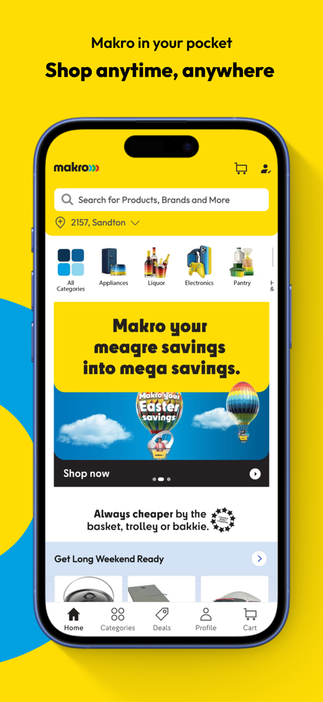 Makro Online Shopping - Makro online shopping app home screen showing categories like appliances liquor and electronics with promotional banners