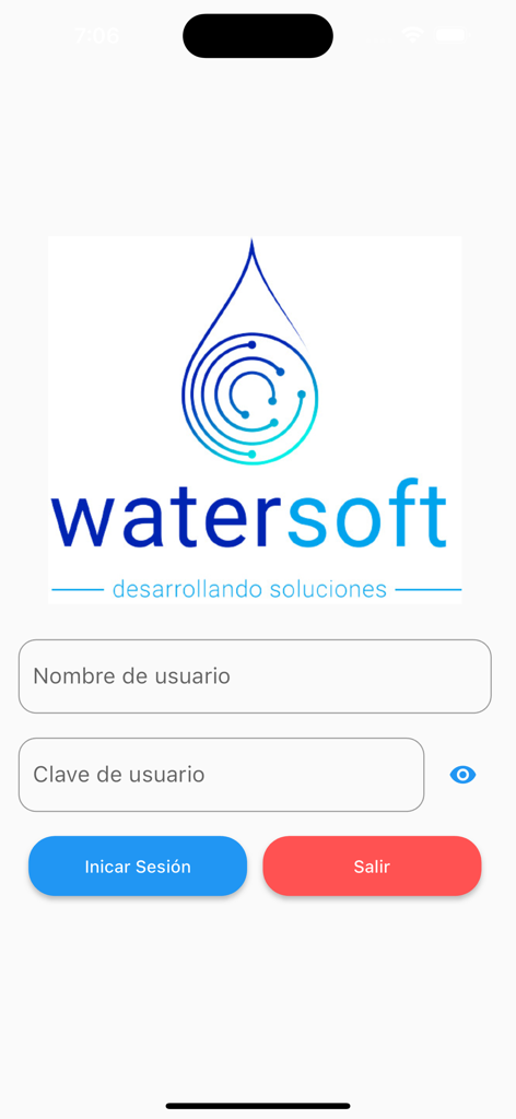 Watersoft Fact App - Login screen of the Watersoft Fact App featuring the logo and Spanish language input fields