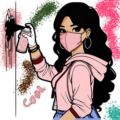 realistic girl with mask spray painting a wall