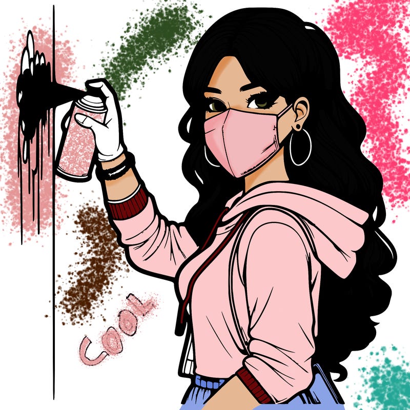 realistic girl with mask spray painting a wall