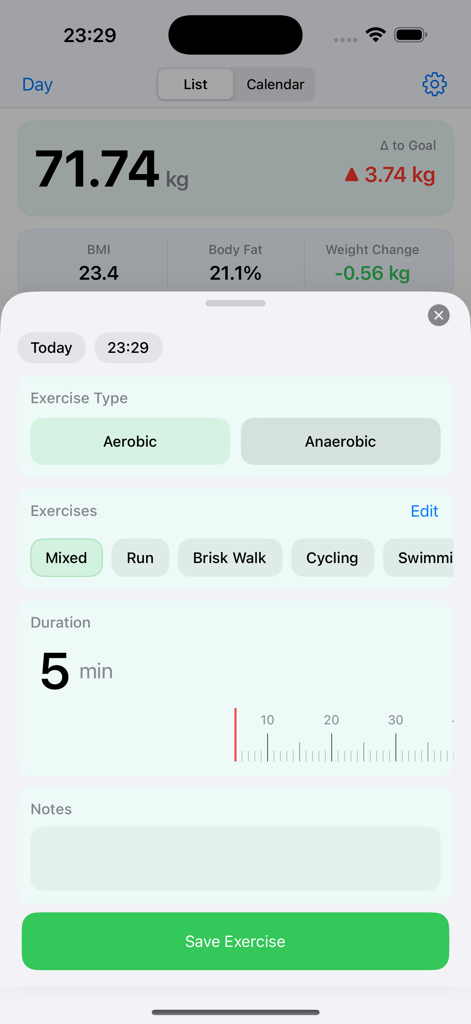 16:8 Fasting & Weight Tracker - Interface of the xWeight app showing the fitness and workout logging screen with duration slider and exercise type options