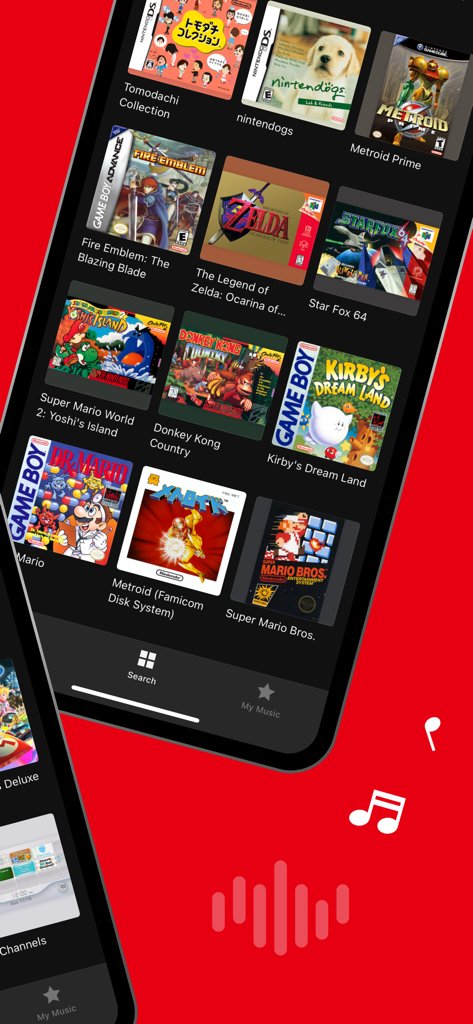 Mobile app interface for Nintendo Music showing a library of game soundtracks with album covers like Zelda and Super Mario.