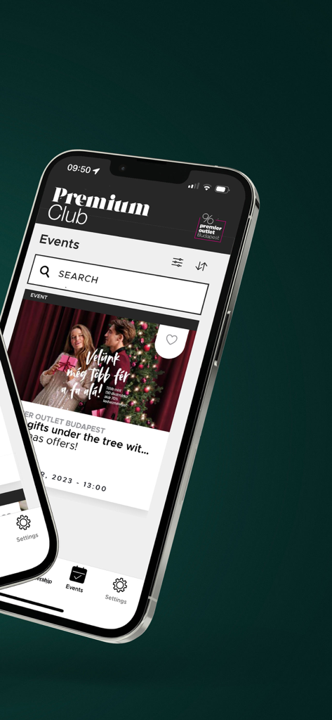 Premier Outlet Budapest - 프리미어 아울렛 부다페스트 앱의 Premium Club 이벤트 섹션, 홀리데이 쇼핑 혜택 표시 스크린샷