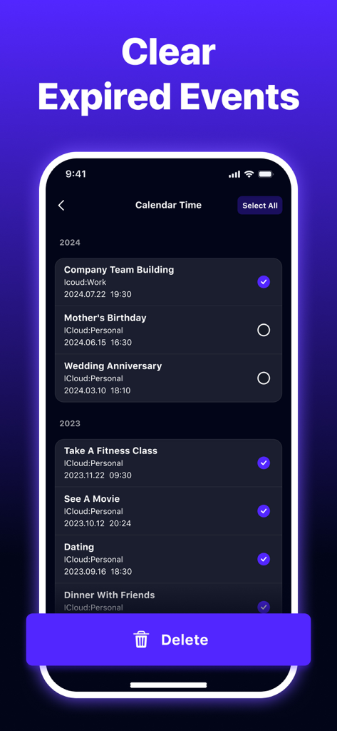 Storage Cleaner-Phone Cleaner - Interfaz de la aplicación Storage Cleaner que muestra cómo borrar eventos caducados del calendario con un botón de eliminar
