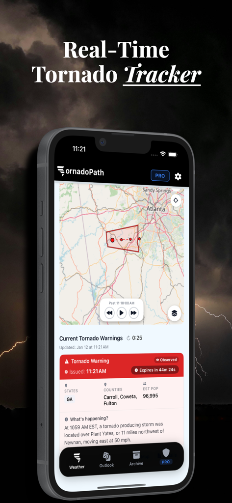 Tornado Tracker by TornadoPath - Smartphone mostrando la aplicación Tornado Tracker con un polígono de advertencia en tiempo real en un mapa