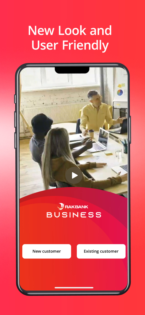 RAKBANK Business - RAKBANK Business mobile app welcome screen featuring a business meeting and options for new or existing customers