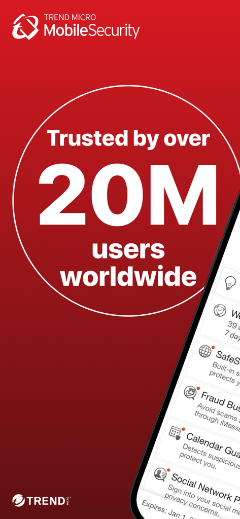 Trend Micro Mobile Security - Captura de pantalla de la aplicación Trend Micro Mobile Security que muestra la confianza de más de 20 millones de usuarios en todo el mundo con las funciones de seguridad enumeradas