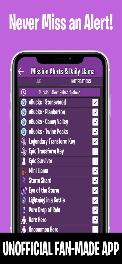 Companion for Fortnite - Mobile app interface showing mission alert and notification settings for Fortnite Save the World rewards like vBucks and items.