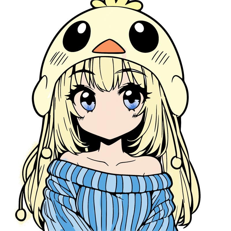 anime girl with chick shaped hat with sweater with bare shoulders with bangs covering them one eye with low tail