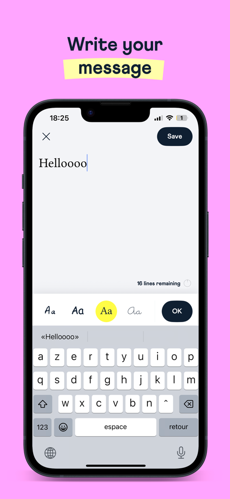Fizzer - Personalized Cards - Interface de l'application Fizzer pour écrire un message personnalisé sur une carte postale avec une sélection de polices personnalisées sur un smartphone
