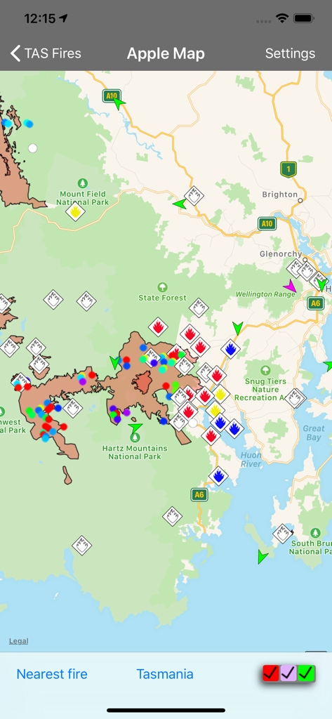Real-time map view of the TAS Fires app showing bushfire incidents and wind directions in Tasmania