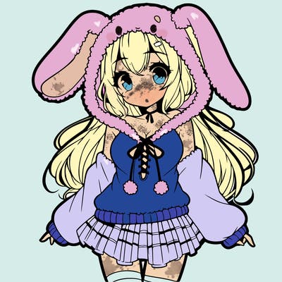 pretty anime girl wearing a fluffy hoodie with bunny ears on the hood and a skirt
