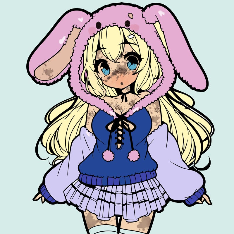 pretty anime girl wearing a fluffy hoodie with bunny ears on the hood and a skirt