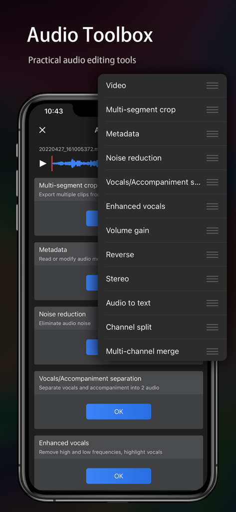 Audio Editor - Music editor - A mobile phone screen showing a list of practical audio editing tools in the Audio Editor app toolbox.