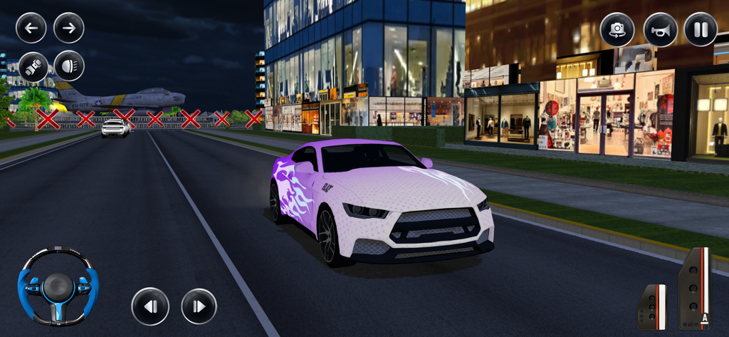 US Car Driving Games Simulator - A purple sports car driving through a modern city street at night in a driving simulator