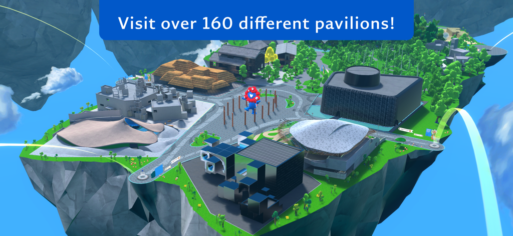 Aerial view of the virtual pavilions on a floating island in the Virtual EXPO 2025 JAPAN metaverse.