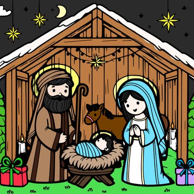 christmas nativity with baby jesus, mary, joseph in a stable