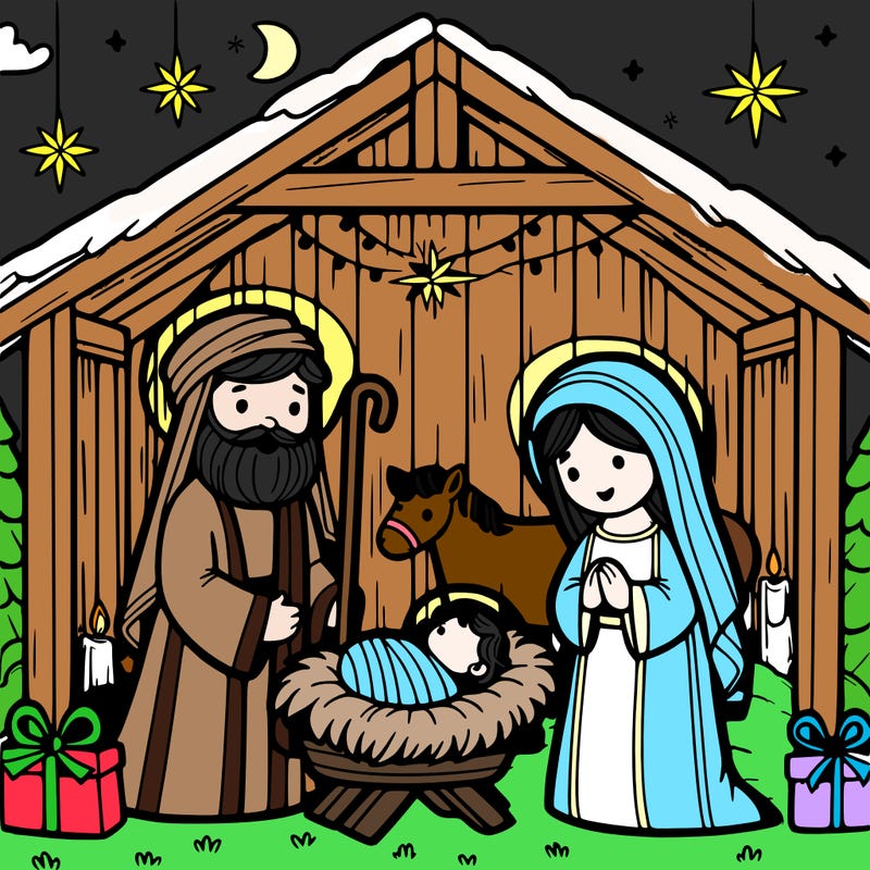 christmas nativity with baby jesus, mary, joseph in a stable