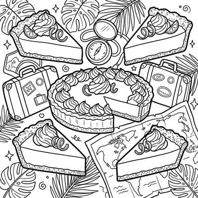 Embark on a delicious journey with this Key Lime Pie Vacation coloring page, combining tasty treats with exciting travel elements. Perfect for bringing a burst of sunshine and creativity to your day, whether you're dreaming of a tropical escape or simply love dessert.