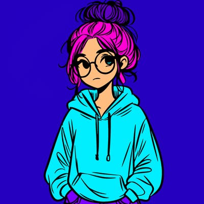 teen girl with a messy bun and glasses wearing a loose hoodie and jeans