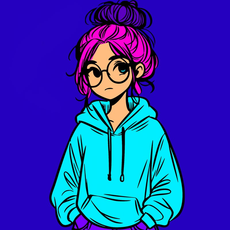 teen girl with a messy bun and glasses wearing a loose hoodie and jeans