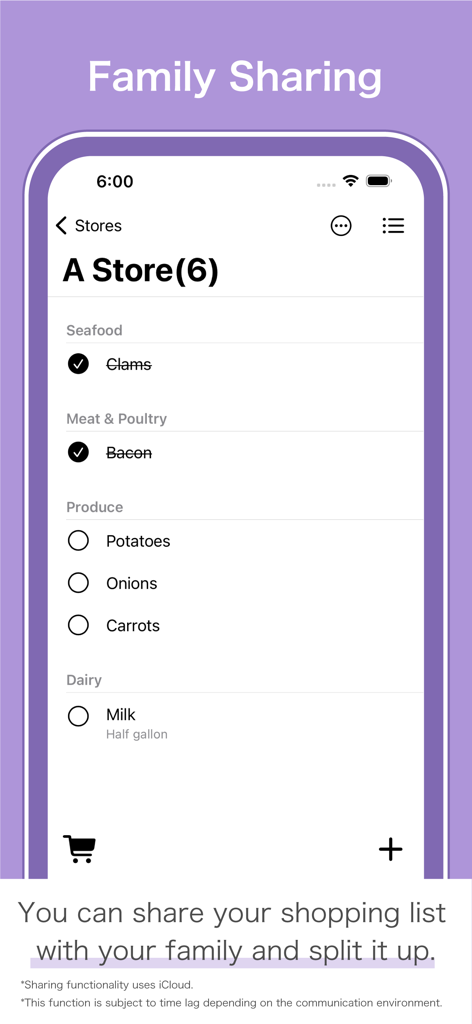 Shopping Lists+ Share&History - 家族共有とカテゴリ分けされた食料品アイテムを表示するショッピングリストアプリのインターフェース。