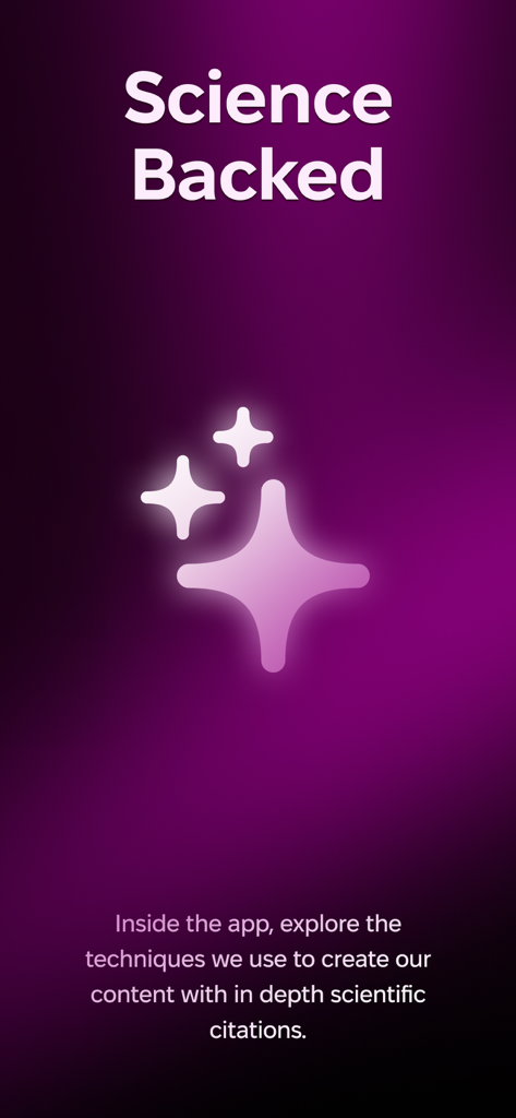 Mesmerize - Visual Meditation - Promotional screen for Mesmerize app highlighting its science backed approach to meditation with glowing star icons on a purple background