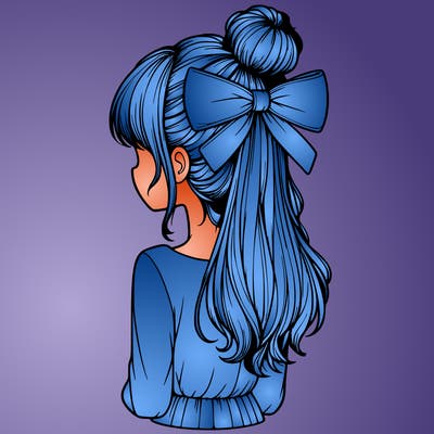 realistic girl  with hip length hair a bun and a big bow on the back of head