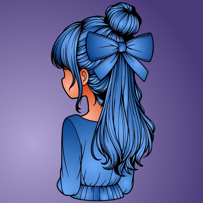 realistic girl  with hip length hair a bun and a big bow on the back of head