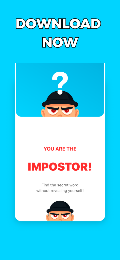 Faky - Impostor Game - Mobile screen for Faky game displaying the impostor role reveal and character illustration