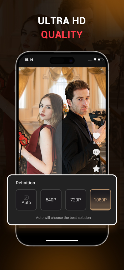 Schermata dell'app mobile MoboReels che mostra le impostazioni di risoluzione ultra HD 1080p per lo streaming di serie drammatiche brevi
