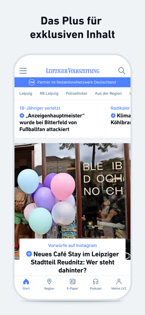 Interface of the LVZ news app displaying local reports from the Leipzig region and premium content