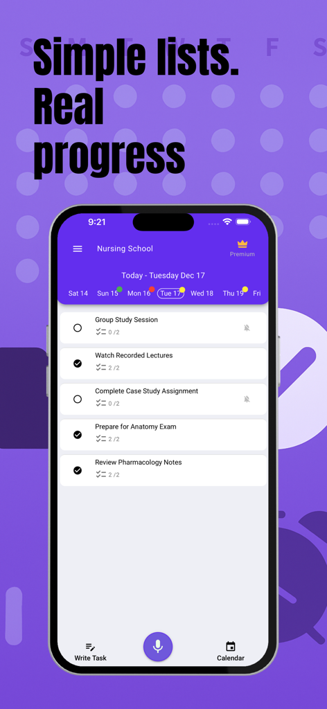 Check List Voice Tasks & Lists - Uma interface móvel do aplicativo Check List mostrando uma lista de tarefas de enfermagem com itens de estudo concluídos e pendentes.