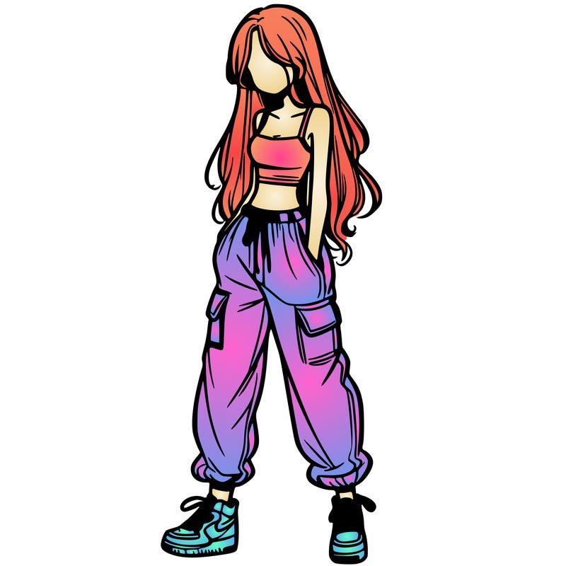 girl in baggy pants crop top and long hair