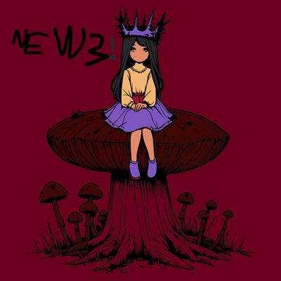 realistic girl sitting on a huge tree stump size toadstool with thorn crown