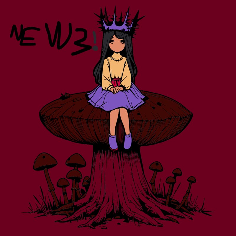 realistic girl sitting on a huge tree stump size toadstool with thorn crown